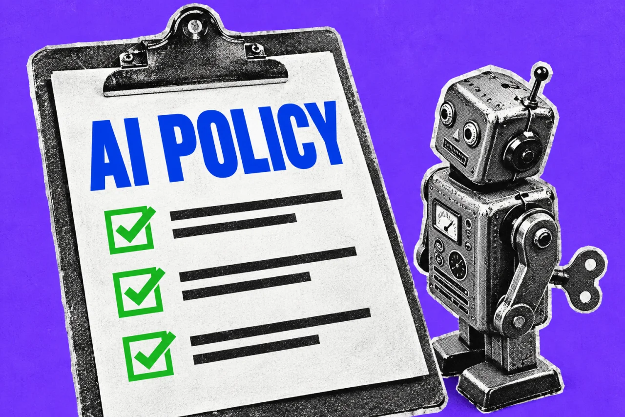 A clipboard holding an one-page document, with a small robot figure standing beside it reading it, on a violet background. The document's title in bold reads "AI POLICY", with a few green tick boxes below.