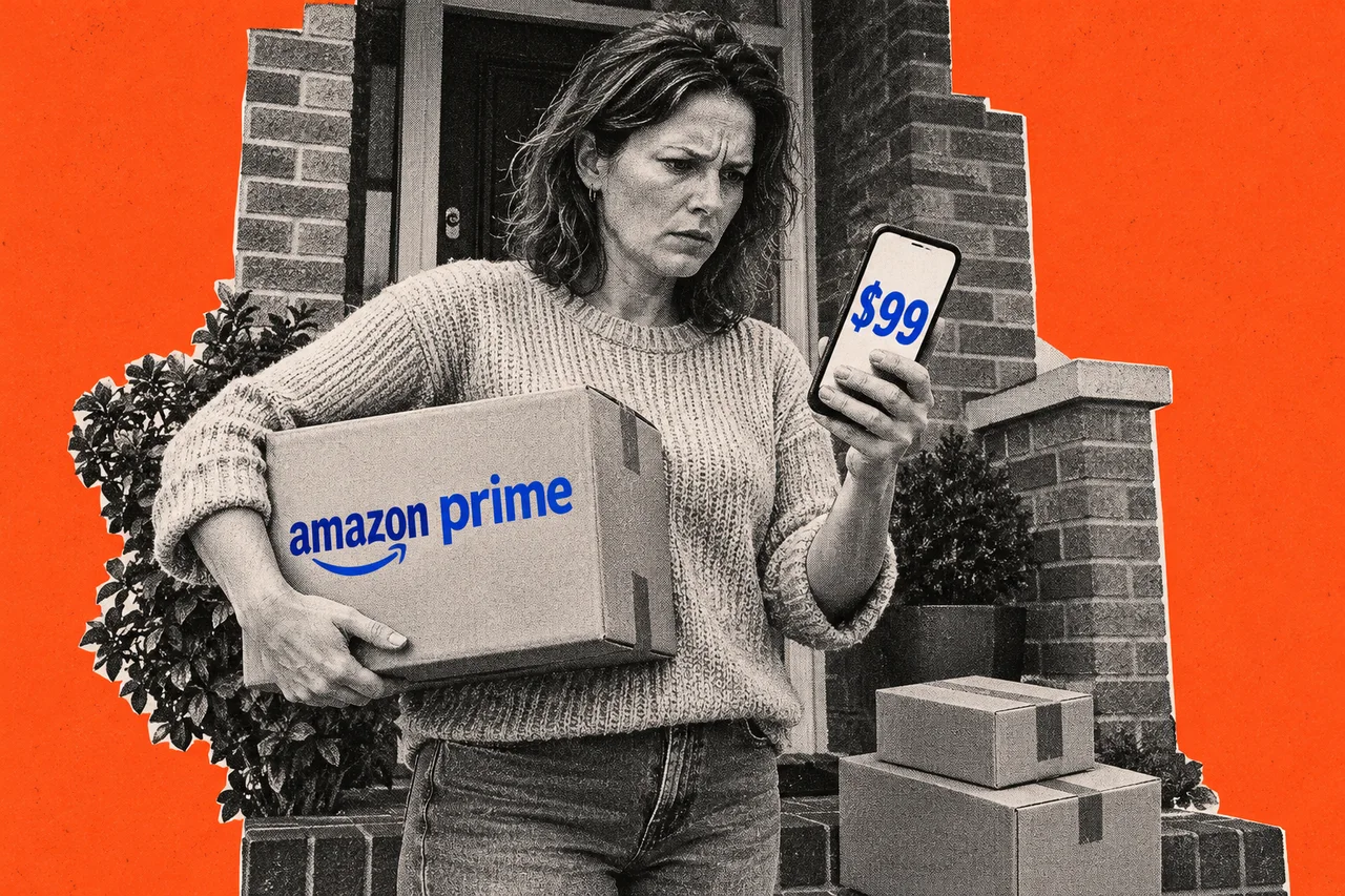 a halftone cut-out of a woman in her forties standing on the front step of a suburban Australian brick house, holding a cardboard delivery parcel under one arm and frowning at the phone in her other hand, with two more halftone parcels at her feet. the parcel under her arm carries the full-colour blue Amazon Prime logo with its curved smile arrow, and her phone screen shows "$99" in big bold blue numbers