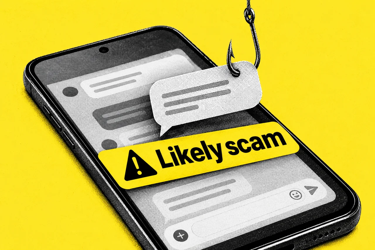 a halftone Android smartphone lying face up, with a halftone fishing hook dangling a speech bubble over its screen. a bright yellow warning banner across the phone screen reading "Likely scam"