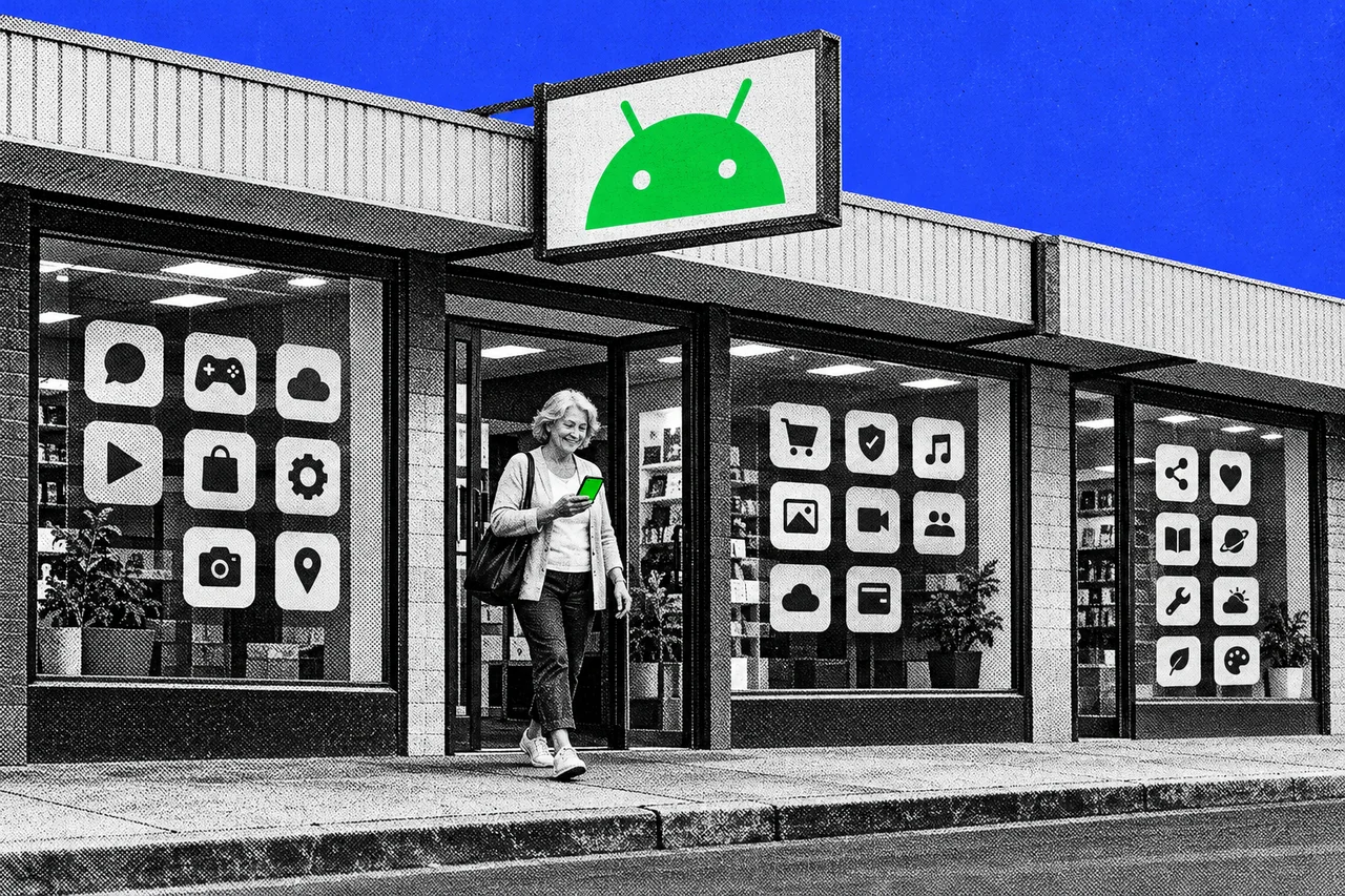 a halftone suburban shopping arcade seen from the footpath, with four small shopfronts side by side, each shop window filled with rows of halftone app icons, and a halftone woman in her sixties walking out of one shop door looking down at her phone and smiling. the full-colour green Android robot head logo on a hanging sign above the arcade entrance, and her phone screen glowing the same Android green; the only full-colour elements, with no words