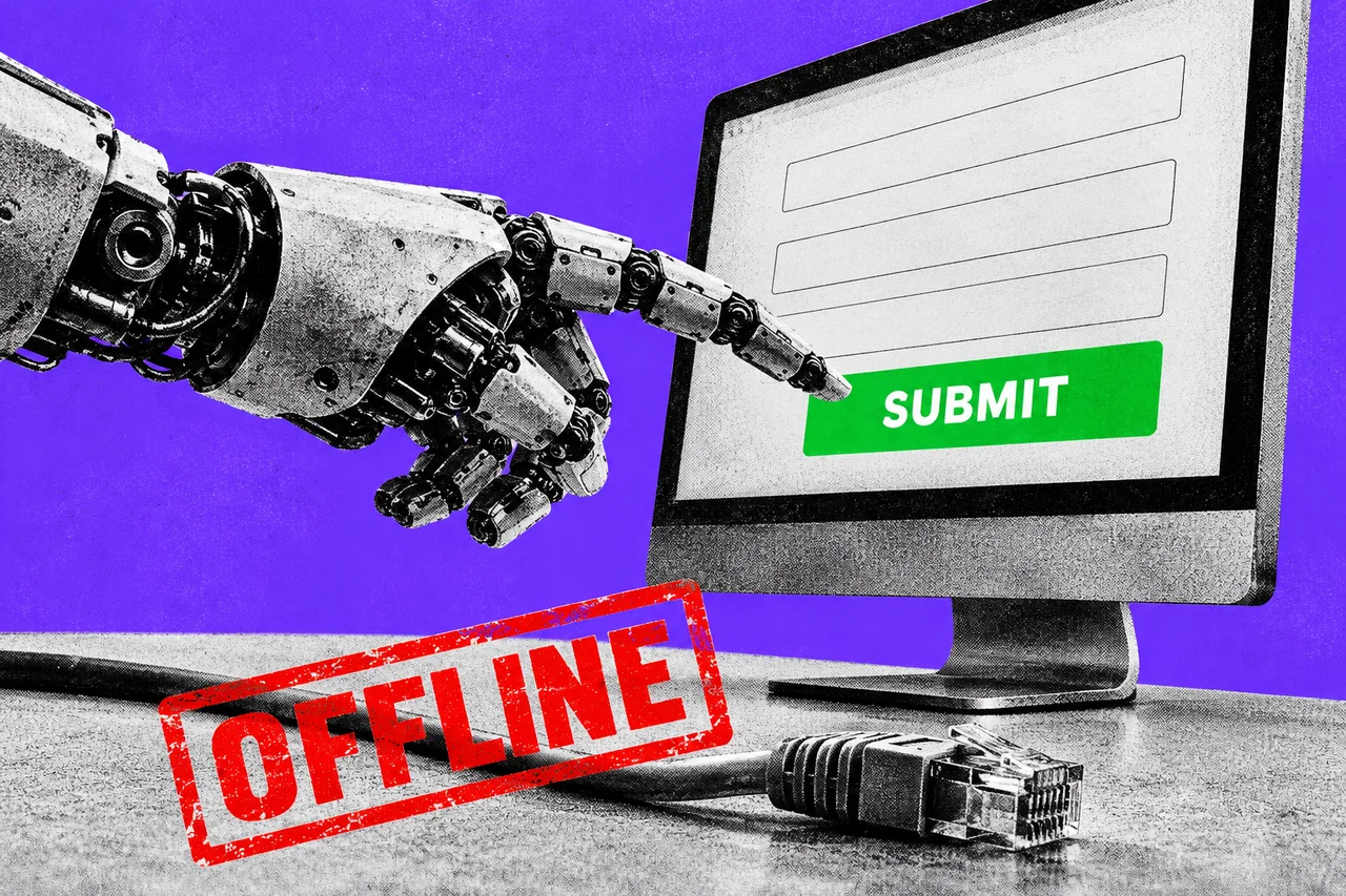 a black-and-white halftone robotic arm reaching towards a halftone desktop computer monitor, with a halftone network cable lying unplugged on the desk in front of the monitor, on a flat violet background. a full-colour green web-form button on the monitor screen reading "SUBMIT", and a bold red rubber stamp across the unplugged cable reading "OFFLINE".