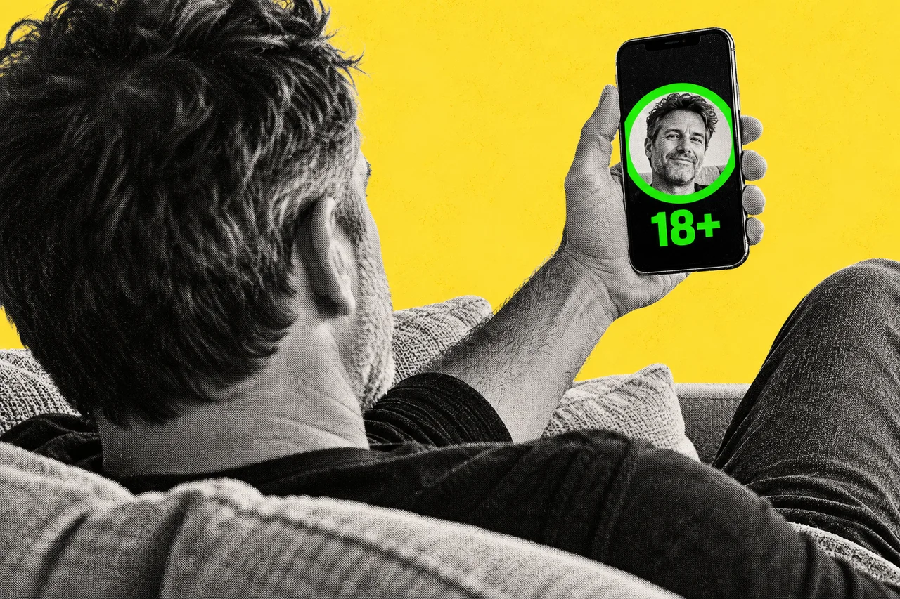 a halftone cut-out of a man in his forties sitting on a lounge at home, holding an iPhone up at arm's length to take a selfie, seen from just behind his shoulder so the phone's screen is clearly visible and shows his own halftone face inside a circular frame. a bright green circular ring around the face on the phone screen, with a bold green "18+" just beneath it; the only full-colour elements and the only readable text