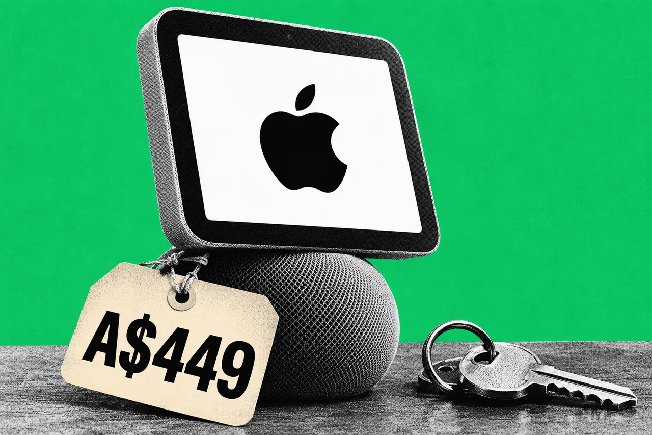 a black-and-white halftone small square smart display tilted on a rounded dome-shaped speaker base, standing on a desk beside a halftone house key on a key ring. the black Apple logo in the centre of the display's white screen, and a large cream swing price tag tied to the speaker base reading "A$449" in bold black type
