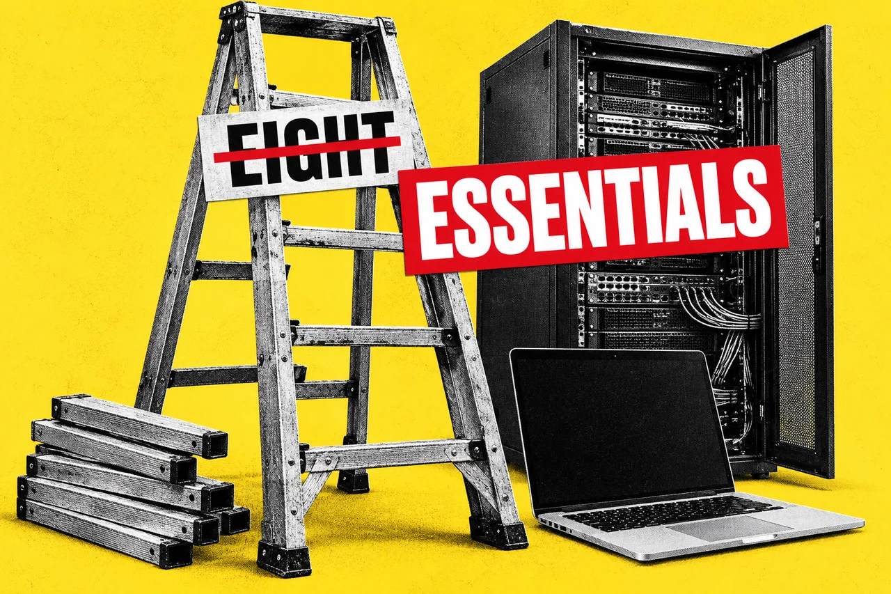 a halftone stepladder with its rungs being removed and stacked to one side, next to a halftone office server cabinet and a halftone laptop. a bold struck-through label on the ladder reading "EIGHT", with a new bold label beside it reading "ESSENTIALS"