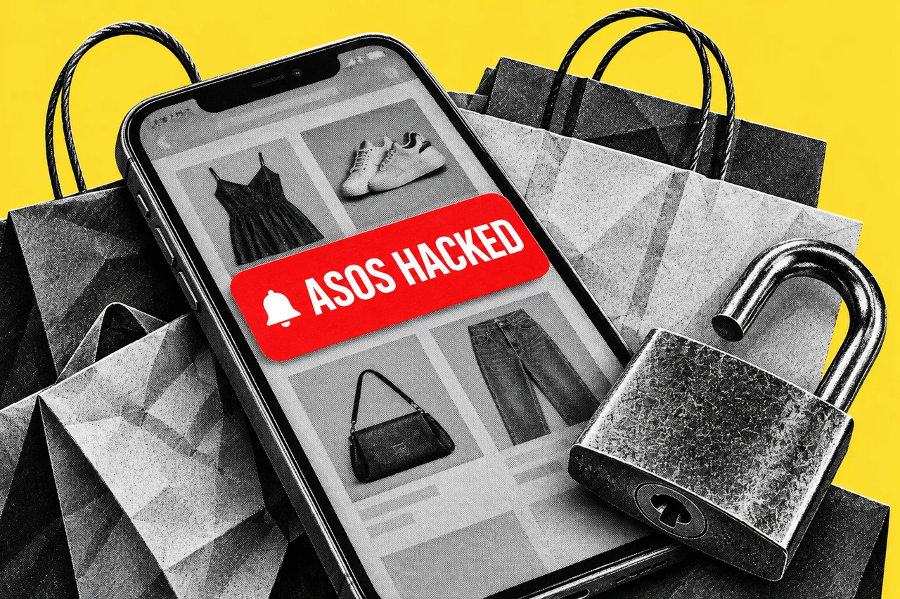 a black-and-white halftone smartphone lying on a pile of halftone fashion shopping bags, with a halftone open padlock beside it, on a flat yellow background. a full-colour red push-notification banner across the phone screen reading "ASOS HACKED".
