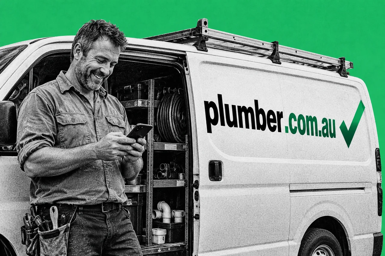 a halftone cut-out of a middle-aged Australian plumber in a work shirt standing beside the open side door of his halftone work van, smiling with relief as he looks at his phone. the van's side panel carries a website address painted in big letters, ending in full-colour green ".com.au", with a large full-colour green tick beside it