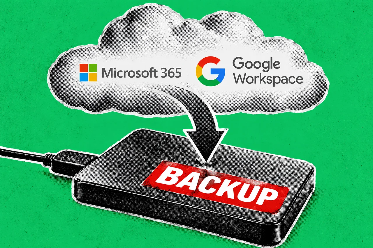 a large black-and-white halftone external hard drive in the foreground with a rough-cut halftone cloud floating above it and a halftone arrow curving down from the cloud into the drive, on one flat saturated emerald-green background; a simple desk collage with visible photocopy grain and no faces, crests or personal data. the full-colour Microsoft 365 logo and the full-colour Google Workspace logo side by side on the cloud, and a bold red label on the hard drive reading BACKUP; BACKUP is the only readable word apart from the logos