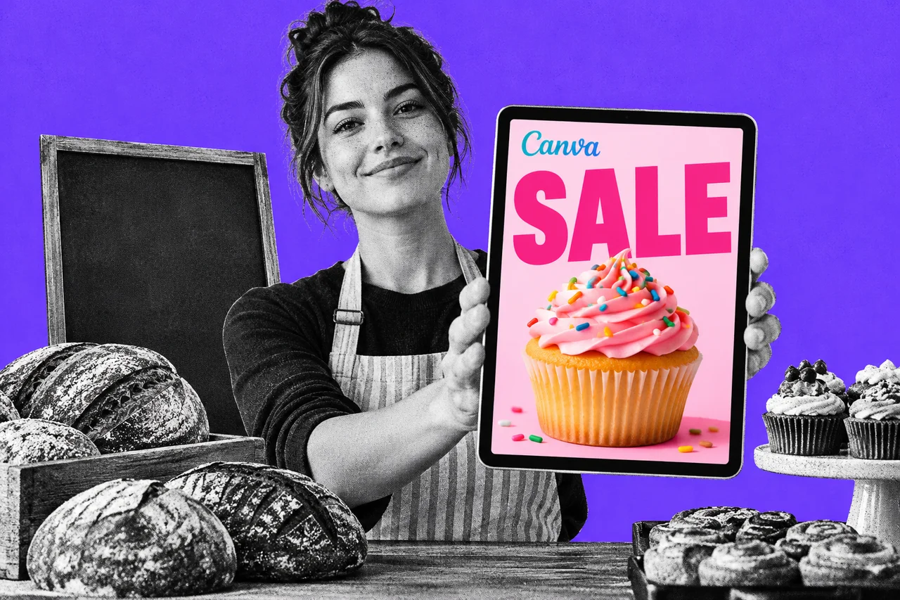 a halftone cut-out of a young woman in an apron standing behind the counter of a small Australian bakery, holding up a tablet towards the viewer with a proud half-smile, with halftone loaves and a chalkboard behind her. the tablet screen shows a bright full-colour poster of a cupcake with the word SALE spelled out perfectly in big pink letters, and the small turquoise Canva wordmark logo in the screen's top corner