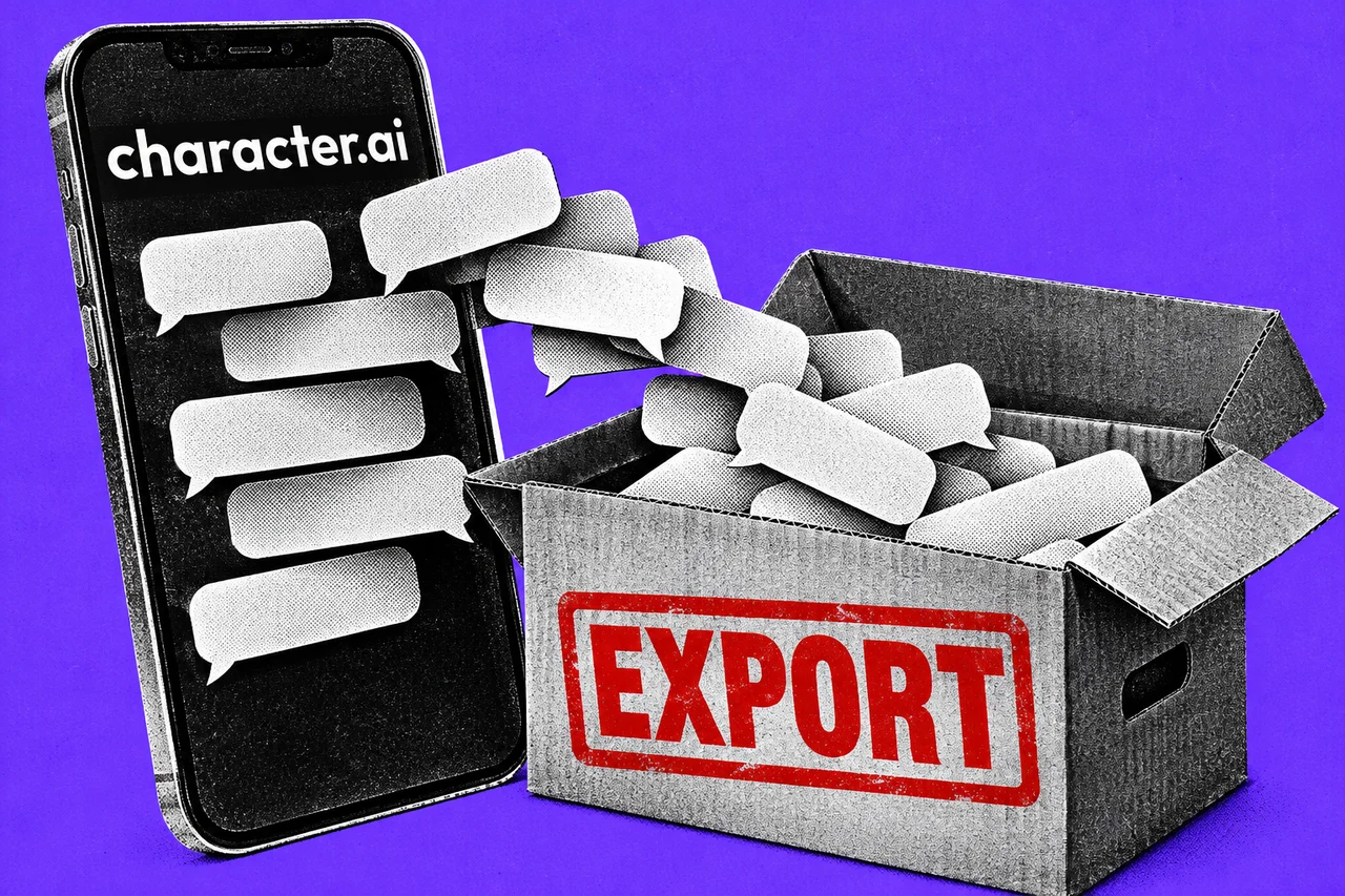 a black-and-white halftone smartphone showing a stack of chat speech bubbles, with the bubbles spilling out of the screen into an open halftone cardboard archive box beside it. the Character.ai wordmark 'character.ai' in white on the phone screen, and a bold red stamp on the box reading "EXPORT"