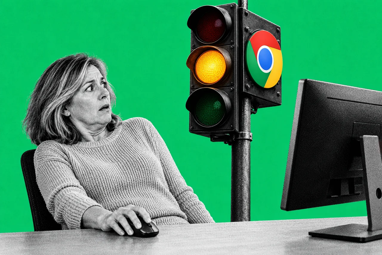 a halftone cut-out of a woman in her fifties sitting at a home-office desk with her hand frozen on a computer mouse, leaning back in surprise as a tall halftone traffic light rises up from behind her desk like a lamp post. the traffic light is the only full-colour object: its amber lamp glows brightly while red and green are dark, and the round red, yellow, green and blue Google Chrome logo is fixed to its housing