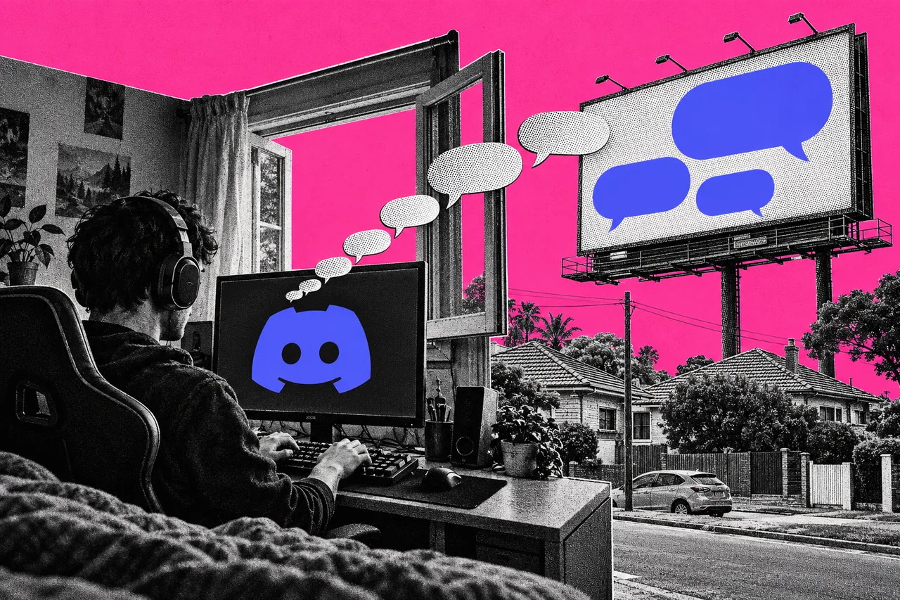 a halftone cut-out of a young man in a gaming headset sitting in a gaming chair at a desk in a dim bedroom, typing on a keyboard, while a trail of halftone chat bubbles floats up out of his monitor, through an open window behind him and out onto a giant halftone billboard over the suburban street outside. the full-colour Discord logo, the blurple game-controller face, on his monitor screen, and the chat bubbles on the billboard coloured the same bright blurple; the only full-colour elements, with no words