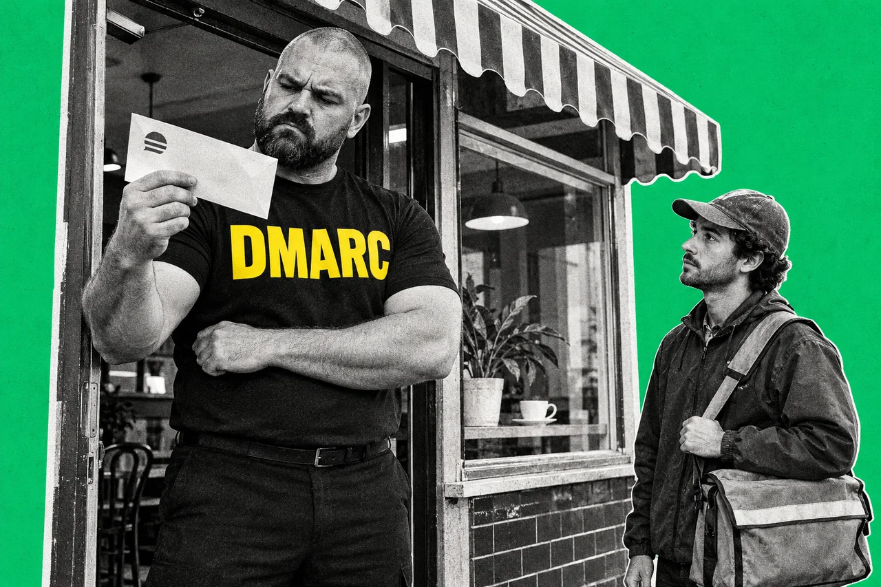 a halftone cut-out of a broad-shouldered bouncer in a black T-shirt standing in the doorway of a small Australian corner café, holding up a halftone envelope and squinting at its letterhead, while a halftone courier with a satchel waits on the footpath. the bouncer's black T-shirt reads "DMARC" across the chest in big bold full-colour yellow letters
