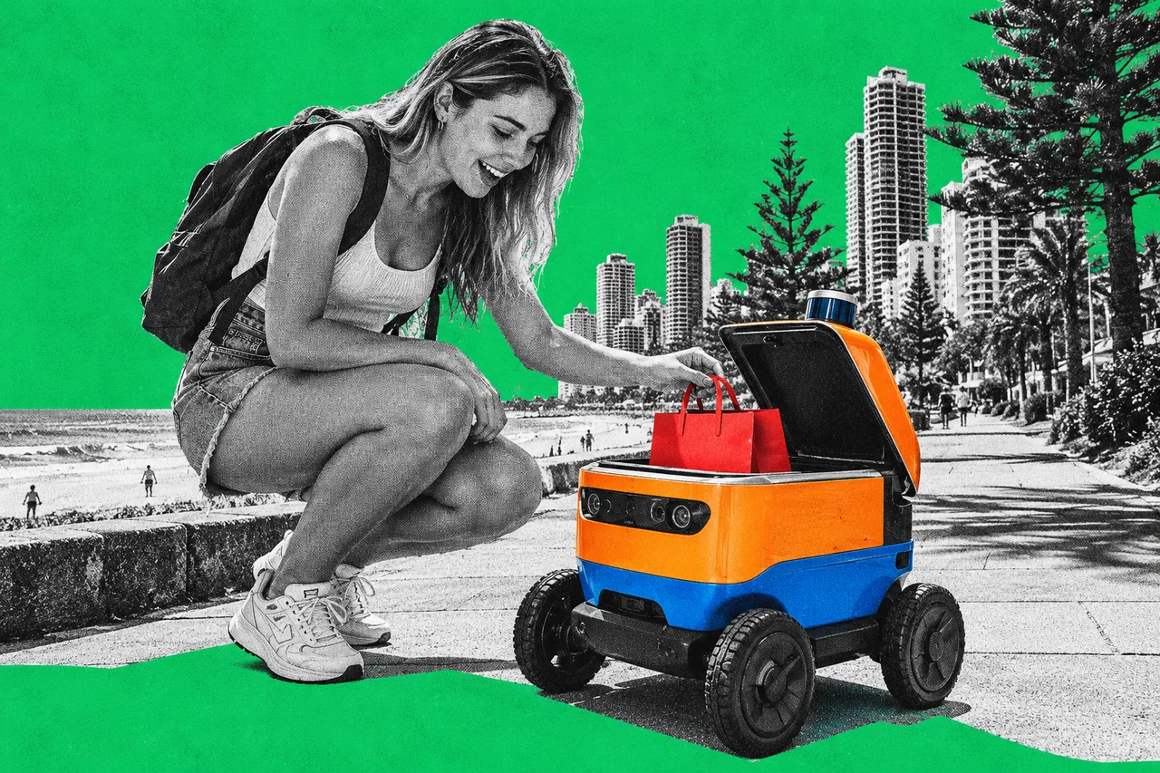a halftone cut-out of a woman in her twenties with a backpack, standing on a sunny Gold Coast footpath lined with Norfolk Island pines and high-rise apartments, bending down with a surprised smile as a small four-wheeled delivery robot, the size of a picnic cooler, rolls up to her feet. the robot's body is the only full-colour element, in bright sunset orange and blue, with its lid open and a red food bag inside; no words