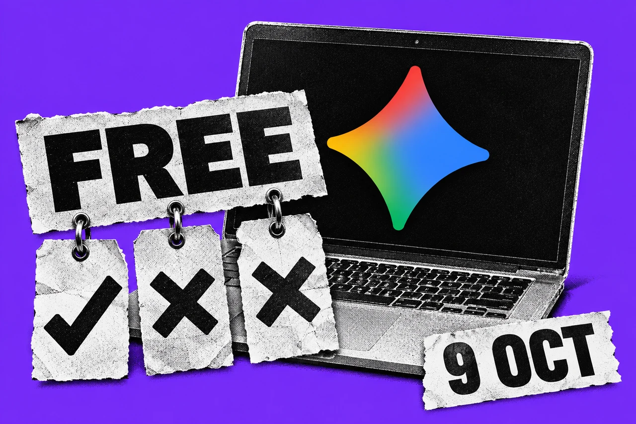 A halftone laptop with the multicoloured Gemini spark beside a FREE tag with one tick and two crosses, and a 9 OCT paper label, on violet.