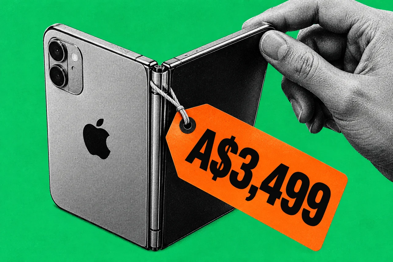 a halftone book-style folding smartphone standing half open like a small hardback book, with a halftone hand reaching in from the right to lift its cover. the black Apple logo on the phone's back panel, and a large orange swing price tag tied to the hinge reading "A$3,499" in bold black type