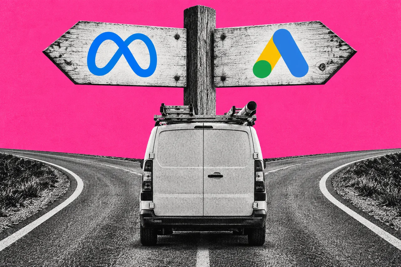 a halftone tradesperson's van, seen from behind with no people, stopped at a fork in a halftone road with a wooden signpost pointing two ways. the blue Meta infinity-loop logo on the left sign and the Google Ads logo (a blue, yellow and green angular 'A' shape) on the right sign.