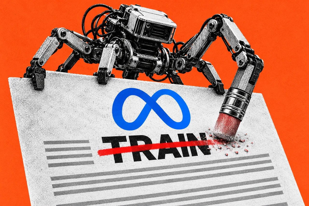 a halftone printed contract page headed with a halftone web-crawler robot sitting on top of it, the robot holding a large pencil eraser. the blue Meta infinity logo on the contract, and the single word "TRAIN" on the page struck through with a thick red line