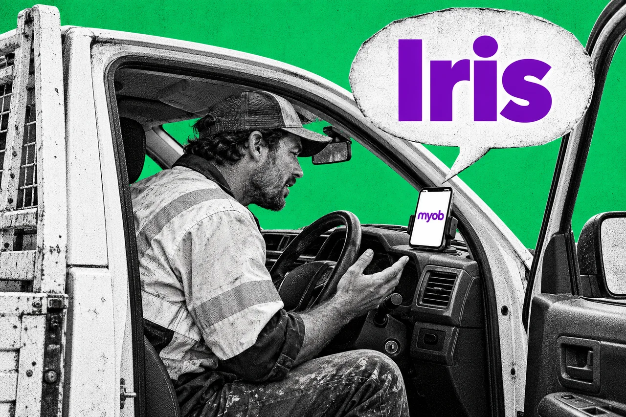 a halftone cut-out of a tradie in hi-vis sitting in the driver's seat of a ute with the door open, leaning toward a phone propped on the dashboard as if asking it a question, with a large halftone speech bubble rising out of the phone above the cab. the purple lowercase MYOB wordmark shown on the phone screen, and the word "Iris" in bold purple inside the speech bubble; the only full-colour elements and the only readable words