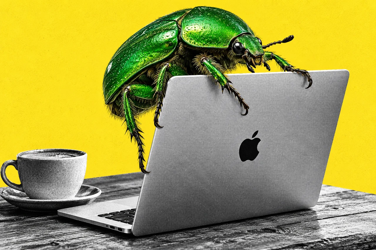 a halftone MacBook laptop standing open on a wooden café table, seen side-on, with a halftone beetle almost as large as the screen climbing over the top edge of the lid, its legs gripping the screen, and a halftone coffee cup beside the laptop. the beetle is the only full-colour object, a glossy bright green, and the Apple logo on the back of the laptop lid is drawn faithfully as the familiar bitten-apple shape