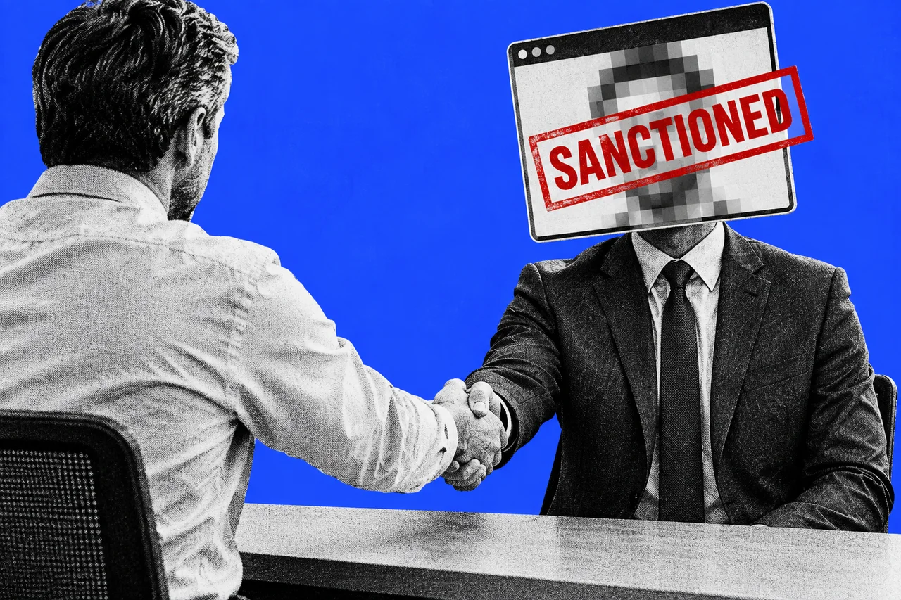 a halftone cut-out of a hiring manager in a business shirt standing at an office desk and reaching across it to shake hands with a halftone job candidate in a neat suit, whose head is replaced by a floating rectangular video-call window showing only a blurred, pixelated face. a bold red rubber stamp printed across the video-call window reading "SANCTIONED"; this is the only full-colour element and the only readable word