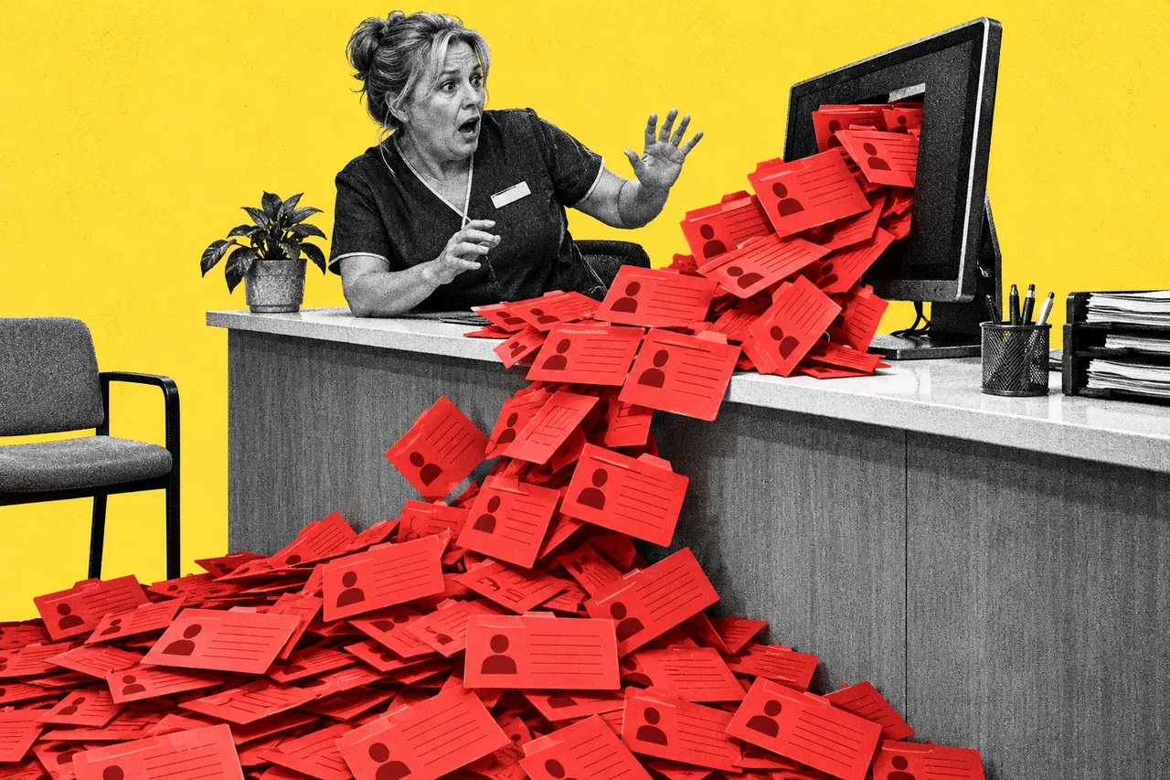 a halftone cut-out of a receptionist in her fifties at the front counter of a suburban medical clinic, half-rising from her chair in surprise, as a long stream of halftone patient record cards pours out of her computer screen, spills over the counter and piles up on the waiting-room floor. the record cards pouring out of the screen are all bright red, the only full-colour element, with no words