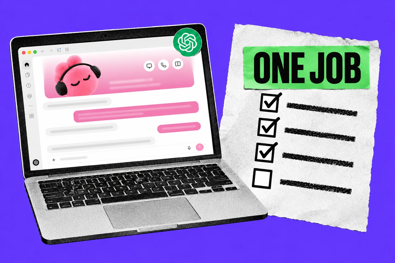 Halftone laptop displaying OpenAI's pink headphone-wearing Iggy dot and pink chat pane, beside a ONE JOB checklist on a violet background.