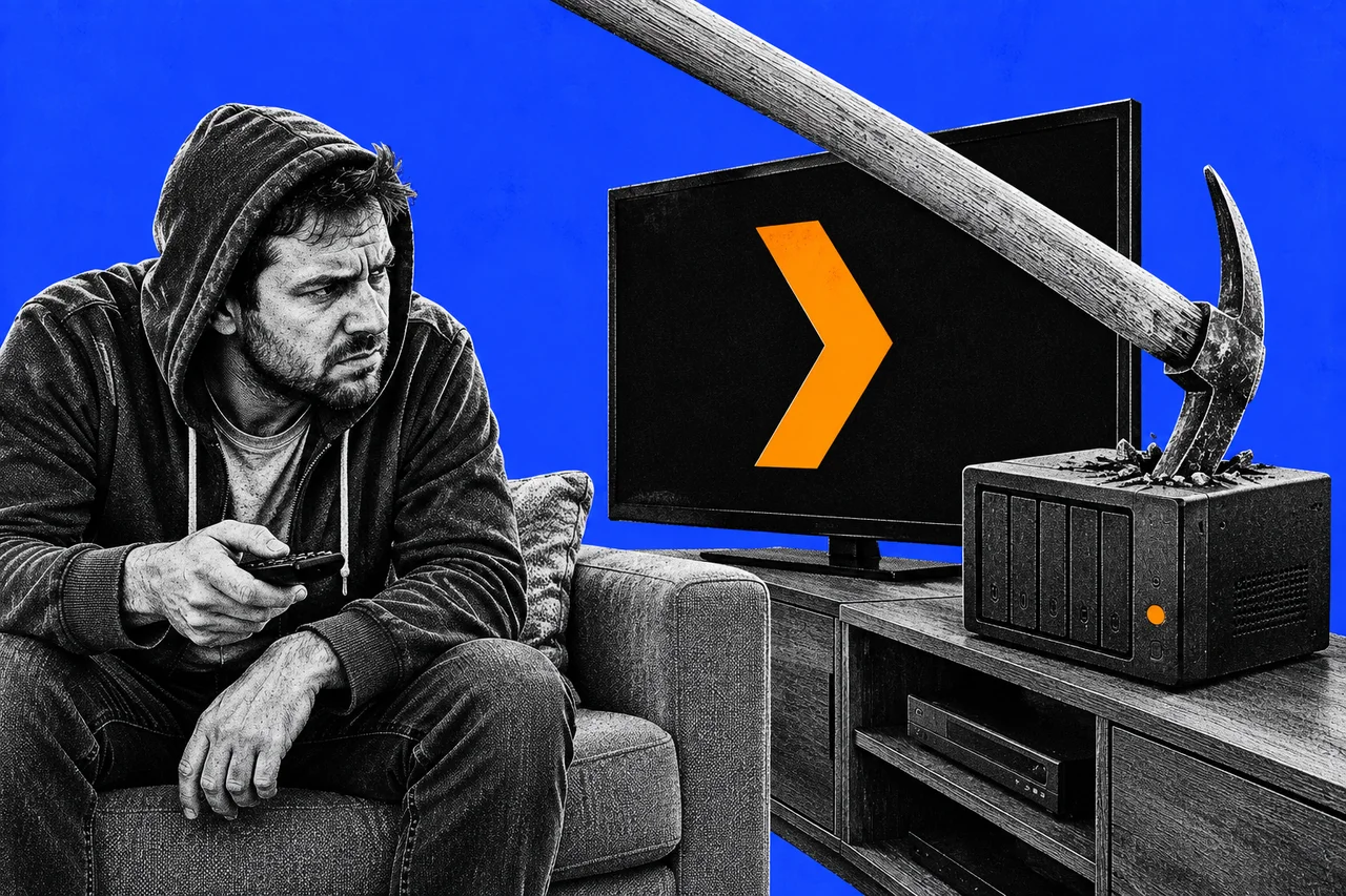 a halftone cut-out of a man in a hoodie sitting on a lounge-room couch with a TV remote in his hand, frowning at a small halftone home media server box on the TV cabinet beside him, which has a large halftone miner's pickaxe driven into its top. the TV screen above the cabinet shows the orange-and-black Plex chevron logo in full colour, and the server box's single status light glows bright orange