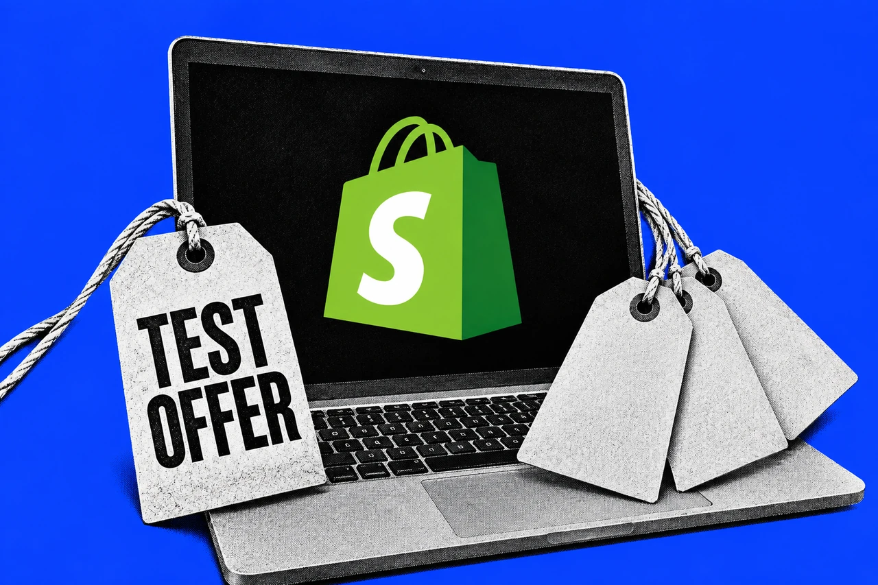 Halftone laptop displaying the Shopify shopping-bag logo beside a tag reading TEST OFFER and three blank price tags on a cobalt background.