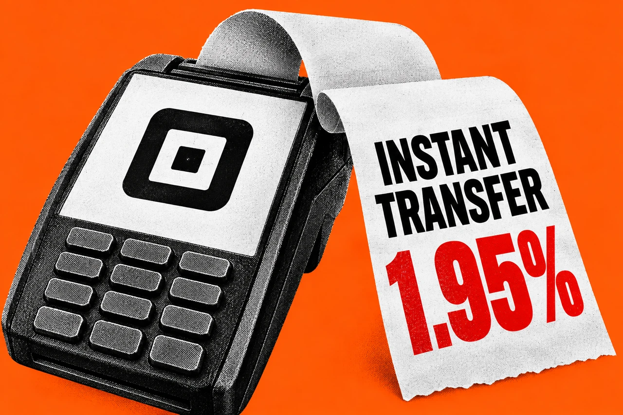 Halftone payment terminal bearing the Square logo beside a curling paper strip labelled INSTANT TRANSFER above a red 1.95%, on orange.