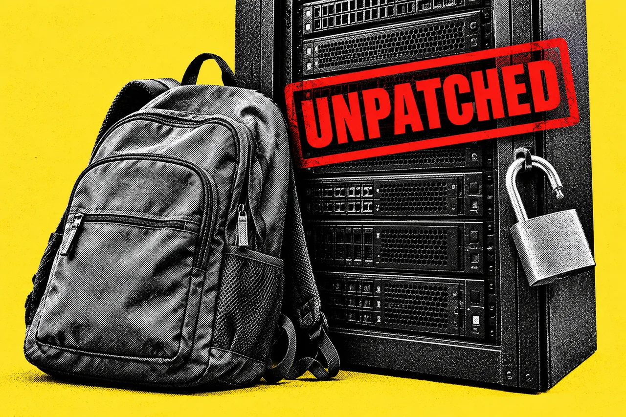 a black-and-white halftone school backpack leaning against a halftone server rack, with a halftone open padlock hanging from the rack, on a flat yellow background. a bold full-colour red rubber stamp across the server rack reading "UNPATCHED".
