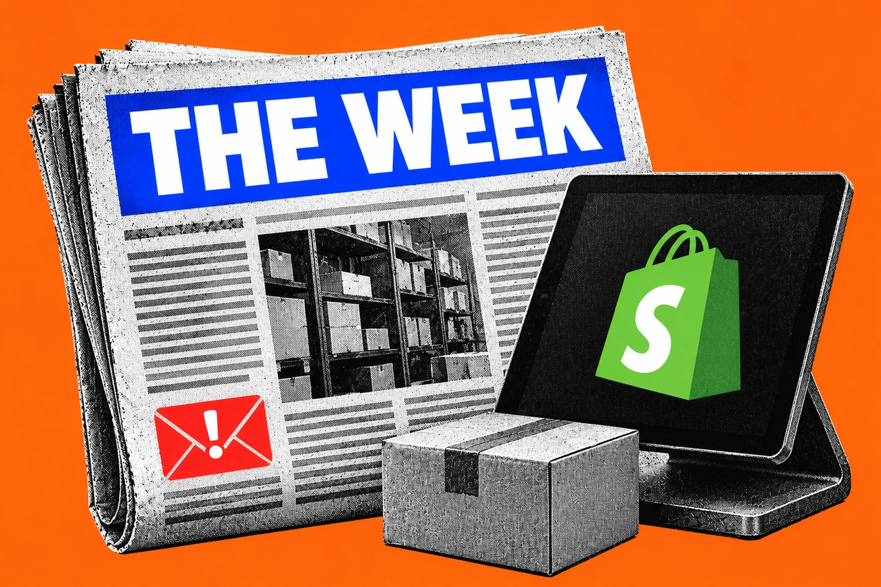 Halftone newspaper marked THE WEEK beside a Shopify counter tablet, delivery parcel and red email-warning symbol on orange.