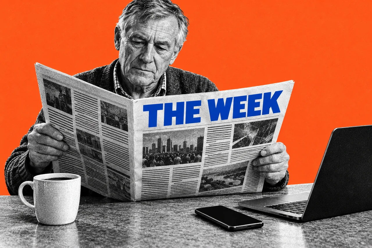 a halftone cut-out of a man in his sixties in a cardigan sitting at a kitchen bench on a flat saturated orange background, reading a large folded halftone newspaper over his morning coffee, with a halftone laptop and a halftone smartphone on the bench beside him; newspaper columns are abstract unreadable lines, with no crests or personal data. the newspaper's masthead is the only full-colour element, reading THE WEEK in bold cobalt-blue capitals; these are the only readable words