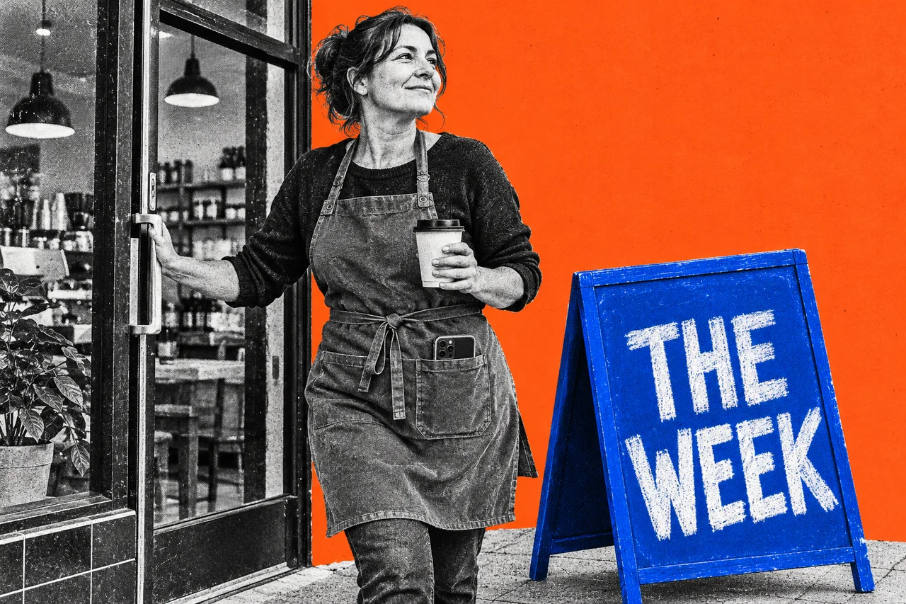 a halftone cut-out of a woman in her forties in a café apron pushing open the glass front door of her small café at dawn on a flat saturated orange background, a halftone takeaway coffee cup in her other hand and a halftone smartphone tucked in her apron pocket, with a halftone A-frame chalkboard sign standing on the footpath beside her. the A-frame chalkboard is the only full-colour element, cobalt blue, with THE WEEK chalked across it in bold white capitals; these are the only readable words
