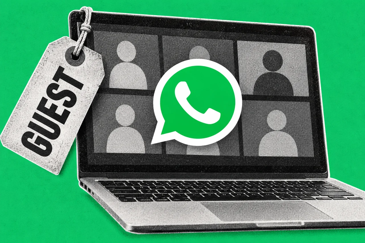 a halftone laptop showing a video call grid, with a halftone paper luggage tag tied to its corner. the green WhatsApp phone-in-speech-bubble logo on the laptop screen, and the luggage tag reading "GUEST"