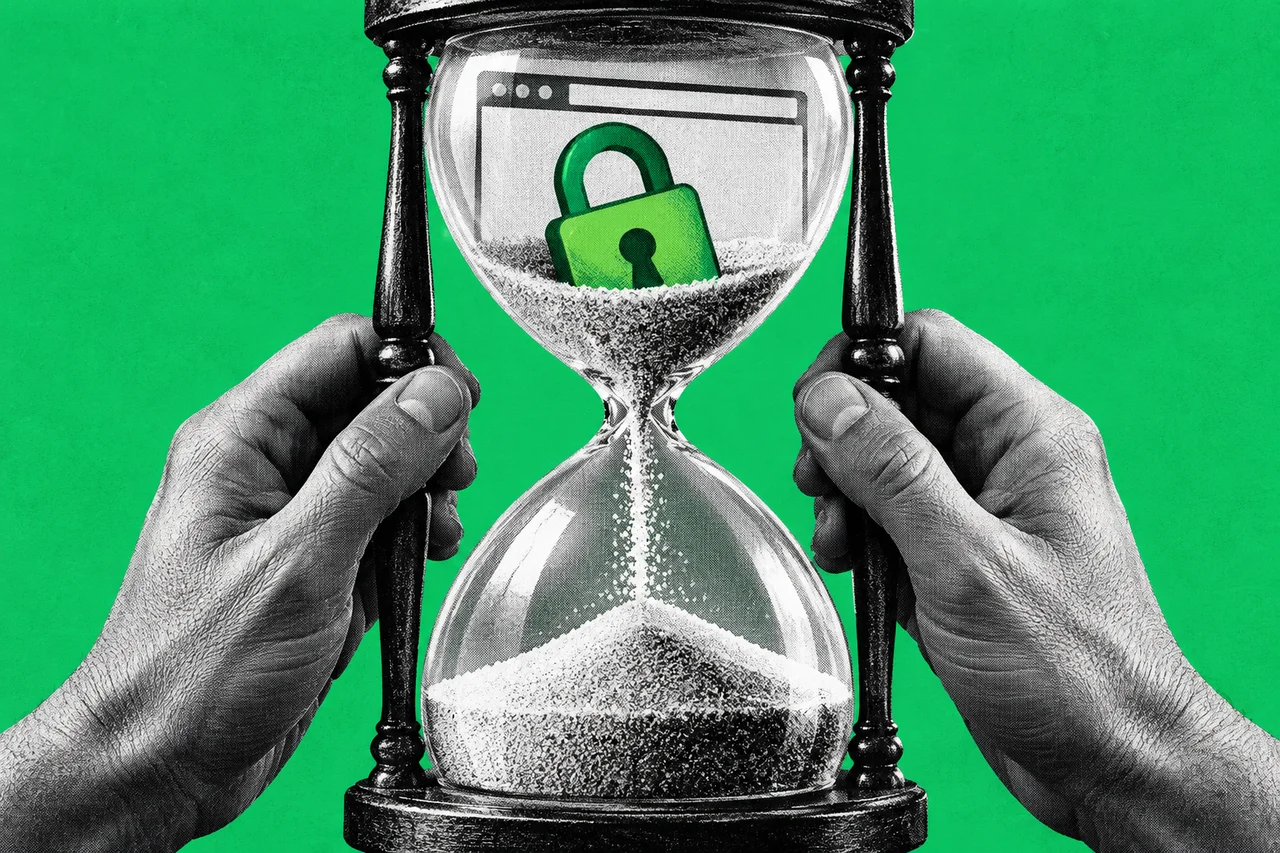 a close-up of two halftone hands holding a large halftone hourglass, with the sand running quickly from the top bulb to the bottom, and a halftone web browser window printed on the glass of the top bulb. a full-colour green browser padlock icon sitting in the top bulb, half buried in the falling sand