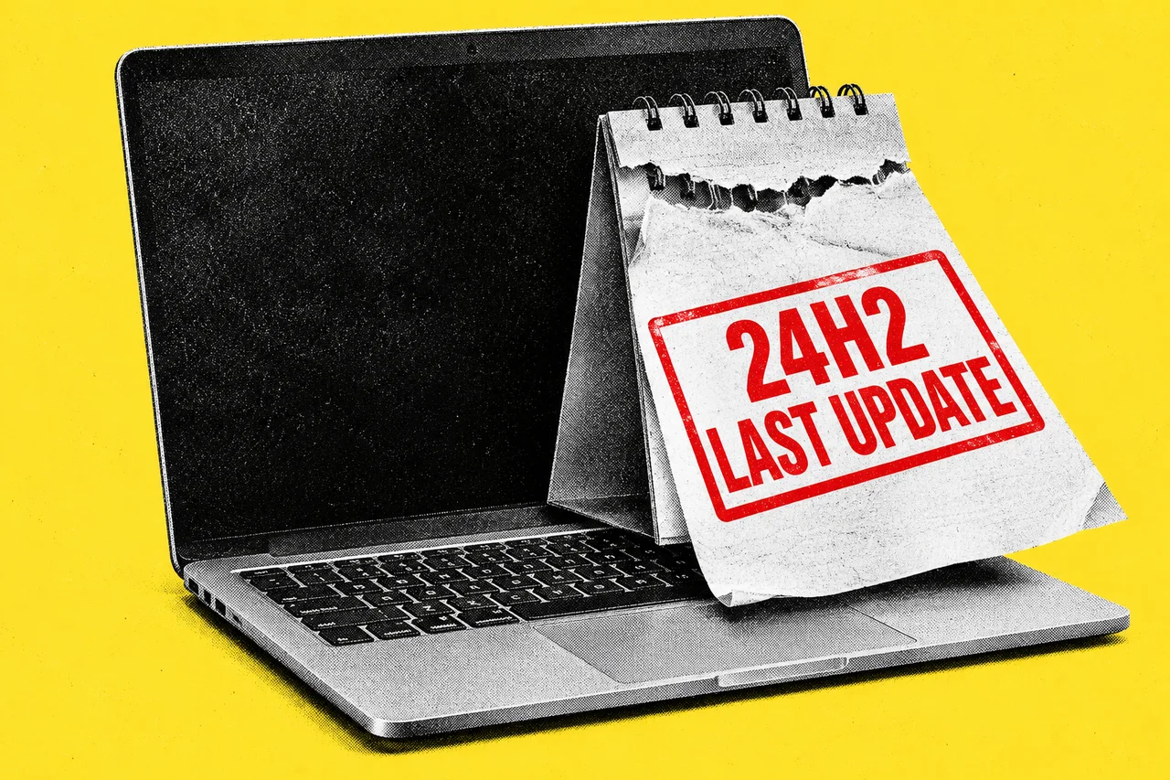 a halftone laptop with a halftone tear-off desk calendar leaning against its screen, the final page being torn away. a bold red stamp across the torn calendar page reading "24H2" and "LAST UPDATE"