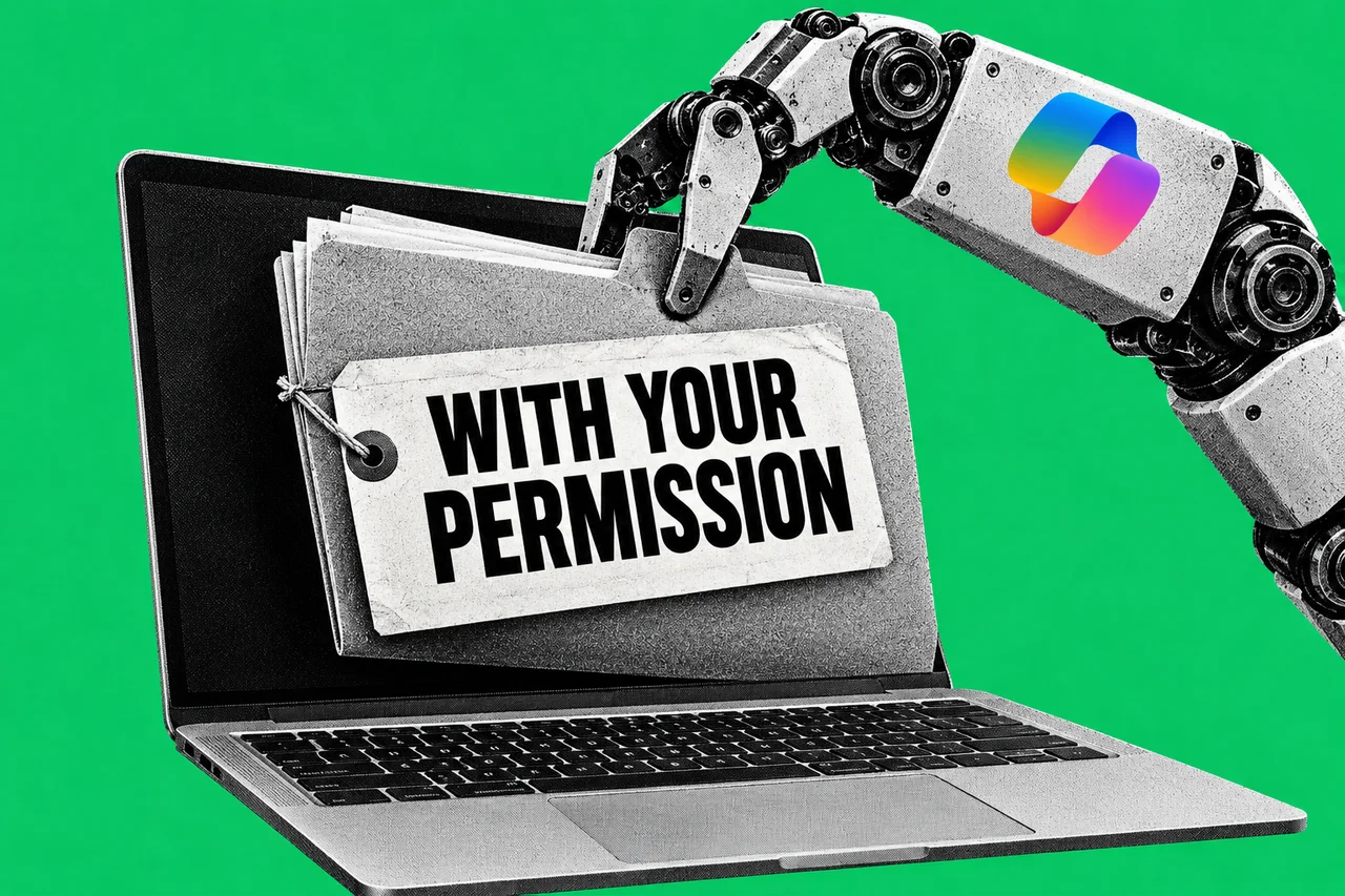 A halftone robotic arm bearing the colourful Copilot logo lifts a folder tagged WITH YOUR PERMISSION out of a laptop, on an emerald background.