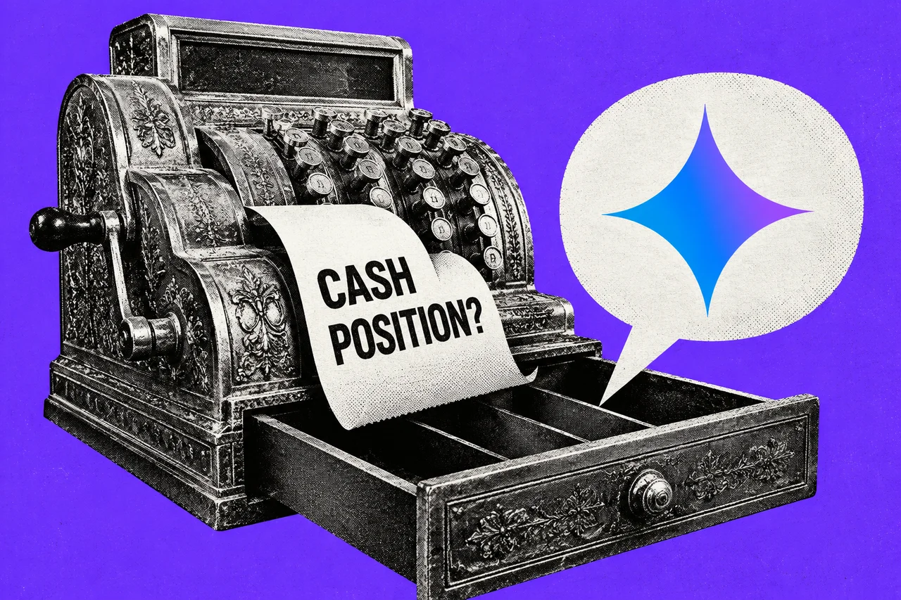a black-and-white halftone old-fashioned brass cash register with its drawer open, and a halftone speech bubble rising out of the drawer. the four-pointed Google Gemini sparkle logo in its blue-to-purple gradient inside the speech bubble, and a cream till-receipt strip curling out of the register printed with the bold words "CASH POSITION?"