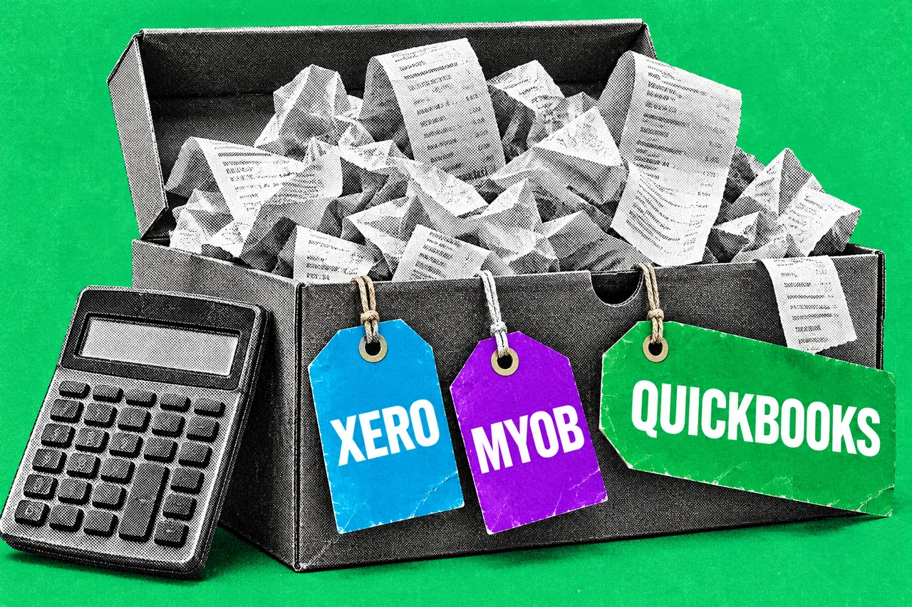 a black-and-white halftone shoebox overflowing with crumpled paper receipts, with a halftone desk calculator propped against it, on a flat colour background. three full-colour paper price tags tied to the shoebox with string, reading "XERO", "MYOB" and "QUICKBOOKS"