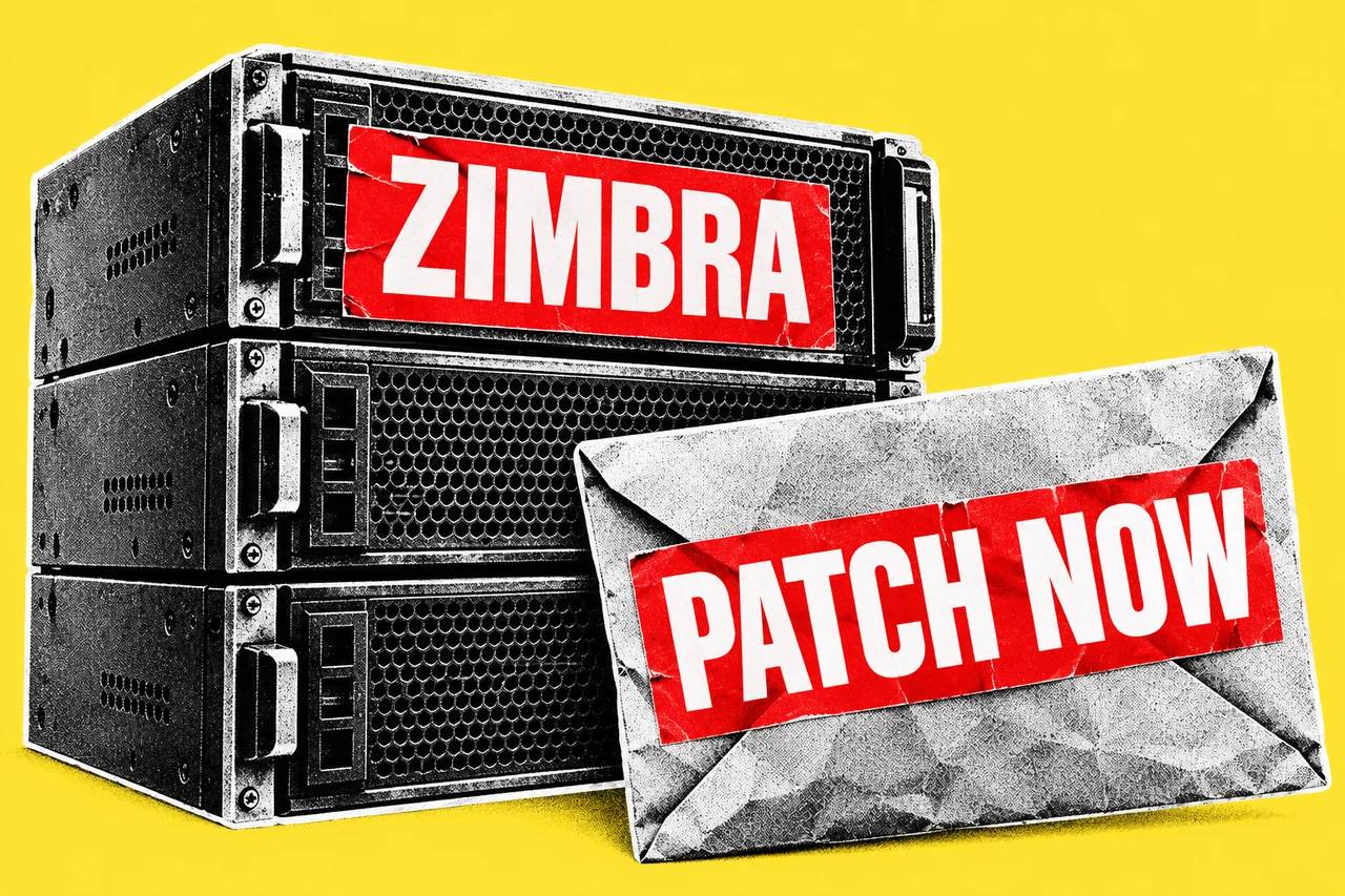 Halftone email server labelled ZIMBRA beside an envelope labelled PATCH NOW, on a yellow background.